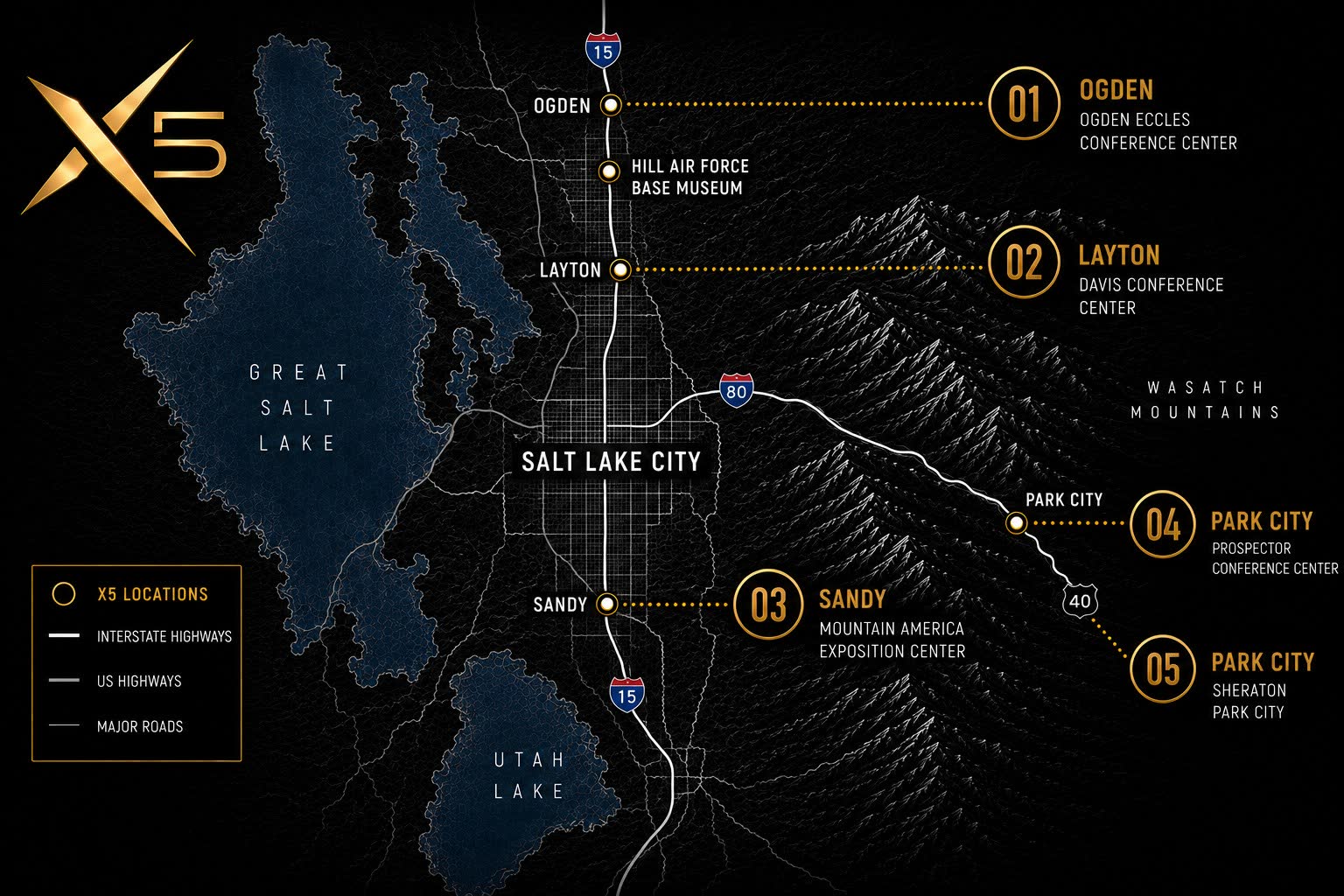 Map of the five X5 Convergence activation locations across Utah's Wasatch Front